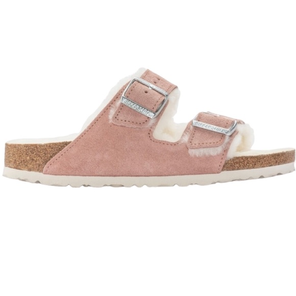 BIRKENSTOCK x Free People Arizona 5 Pink Suede Genuine Ivory Shearling Sandals - Picture 9 of 10